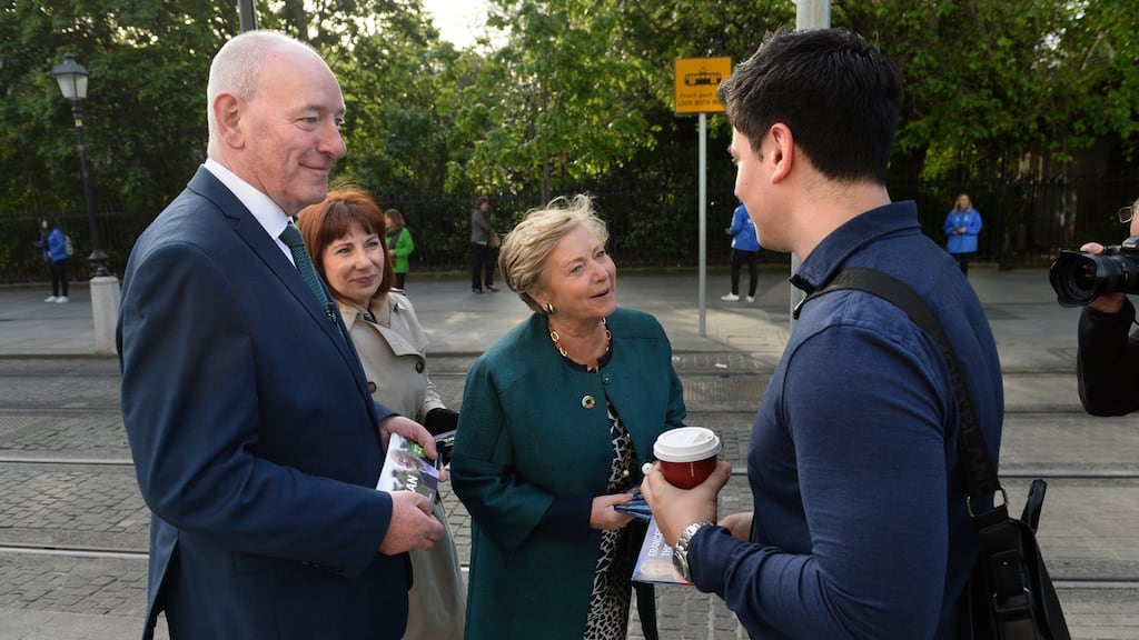 Fine Gael’s two Dublin candidates for the European Elections, Frances Fitzgerald and Mark Durkan, joined by Minister Josepha Madigan TD. Photograph: Dara Mac Dónaill