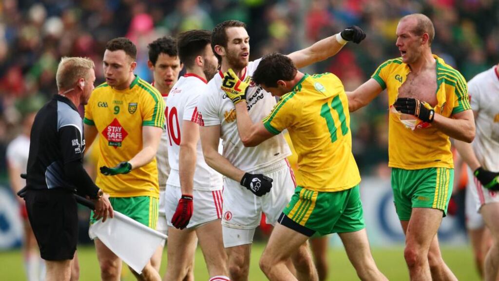 Tempers flare between Donegal and Tyrone players during Sunday’s intense Ulster Championship match. Photograph: Cathal Noonan/Inpho©INPHO/Cathal Noonan