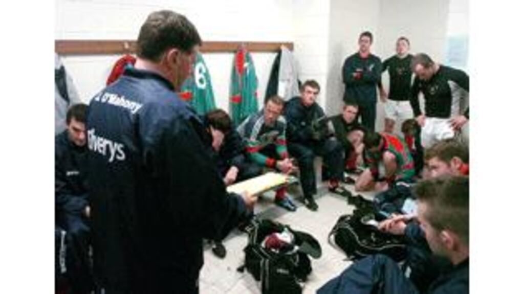 Mayo manager John O'Mahony speaks to his players before the
county's Connacht League, Section A match against Sligo IT at
Ballinode last night. - (Photograph: David Maher/Sportsfile)