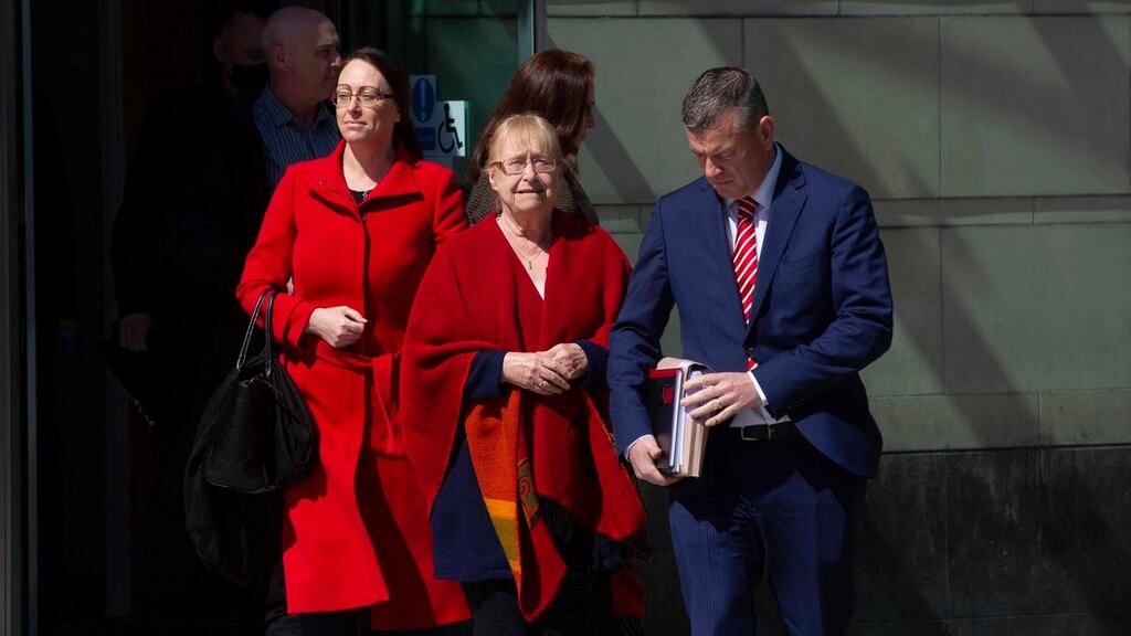Joe McCann’s widow Anne McCann (centre) and family arriving for the trial of soldiers A and C at Laganside Court in Belfast. Photograph: Mark Marlow/PA Wire