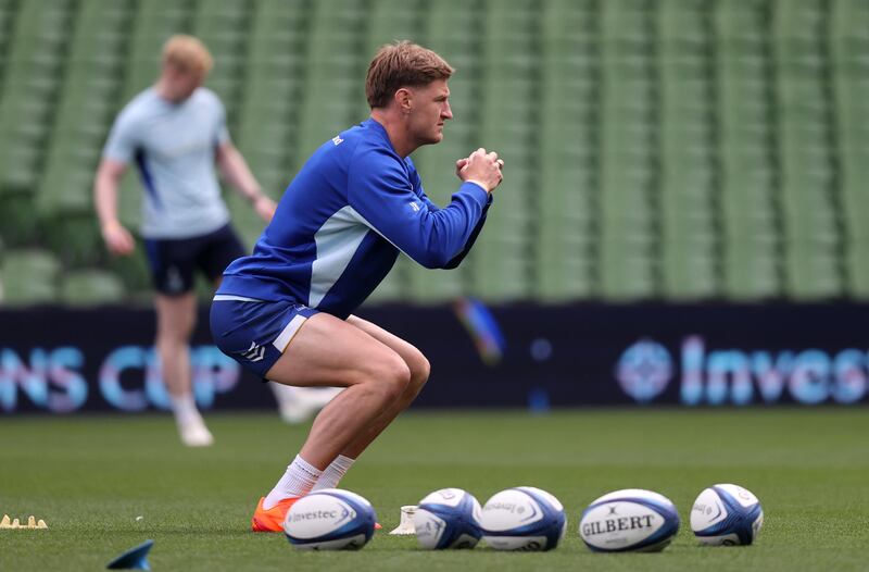 Jordie Barrett goes through his warm-up routine during the Leinster captain's run at the Aviva Stadium. Photograph: Bryan Keane/Inpho