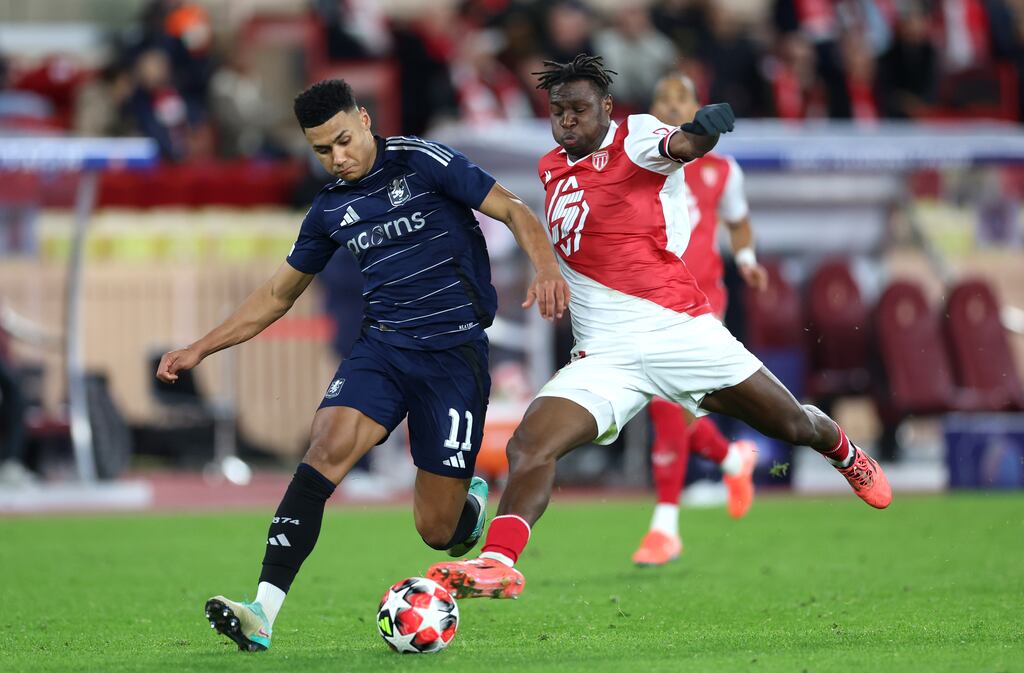 Aston Villa's Ollie Watkins with Monaco's goalscorer Wilfred Singo. Photograph: Aston Villa FC via Getty Images