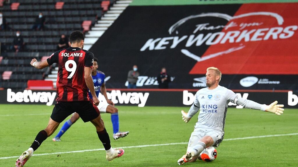 Dominic Solanke scores Bournemouth’s fourth goal during the Premier League match against Leicester City at the  Vitality Stadium. Photograph: Glyn Kirk/Pool via Getty Images