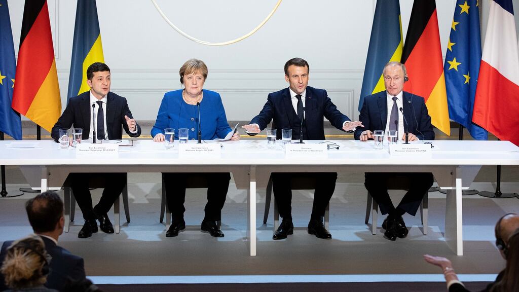 Ukraine’s president, Volodymyr Zelenskiy;  Germany’s chancellor, Angela Merkel; France’s president, Emmanuel Macron and Russia’s president Vladimir Putin: held a four-way summit on Ukraine in Paris. Photograph: Christophe Morin/Bloomberg