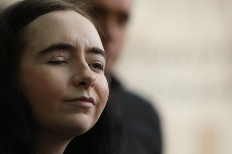 Niamh Kelly talks to the media after her ex-boyfriend pleaded guilty to her attempted murder. Photograph: Collins Courts