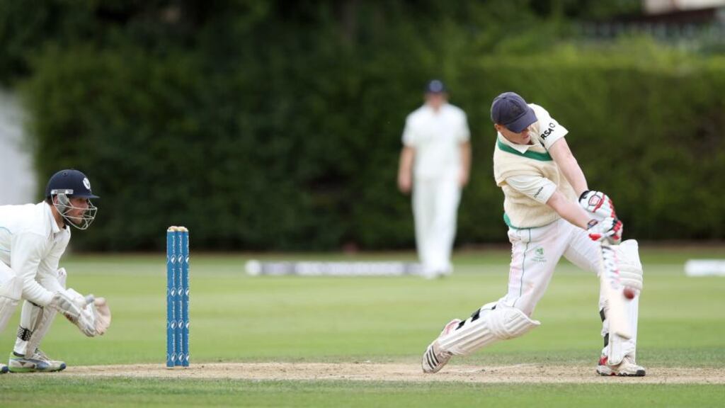 Ireland batsman Kevin O’Brien launches a six during the Intercontinental Cup match against Scotland at Castle Avenue. Photograph: Morgan Treacy/Inpho