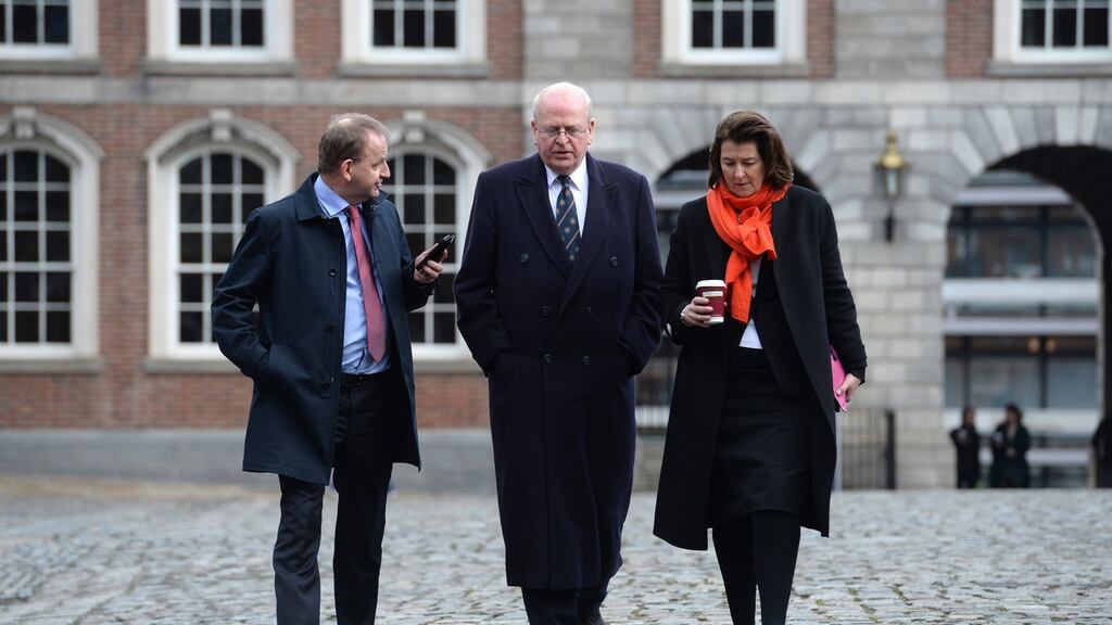 Sgt Maurice McCabe, Michael McDowell SC, and his solicitor Kathryn Ward, arriving at the Disclosures Tribunal in Dublin Castle. Photograph: Dara Mac Dónaill