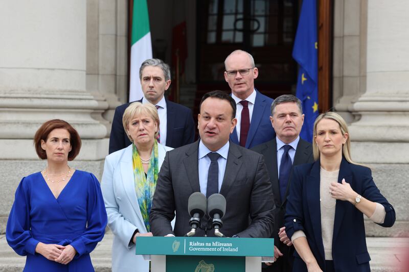 Flanked by his cabinet and party colleagues, Leo Varadkar stands down as taoiseach and FG party leader. Photograph: Dara Mac Dónaill