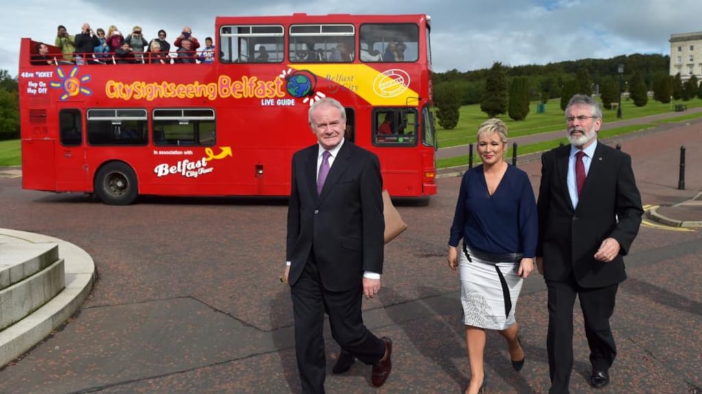 Northern Ireland Deputy First Minister Martin McGuinness and Sinn Féin President Gerry Adams make their way to a press conference at the front of Stormont on Monday. Photograph: Charles McQuillan/Getty Images