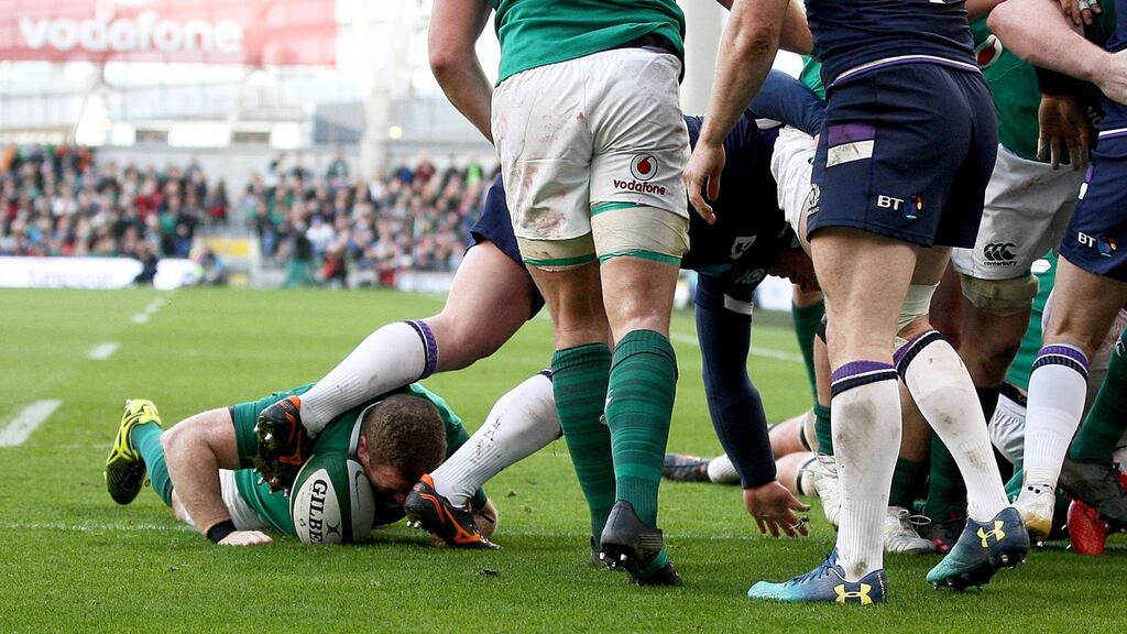 Seán Cronin scores Ireland’s fourth try during the Six Nations match against Scotland at the Aviva Stadium. Photograph: Donall Farmer/PA Wire