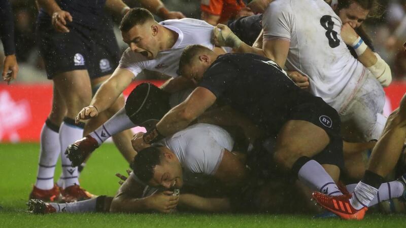 England’s Ellis Genge touches down for his team’s try during the Six Nations match against Scotland at Murrayfield. Photograph: David Rogers/Getty Images