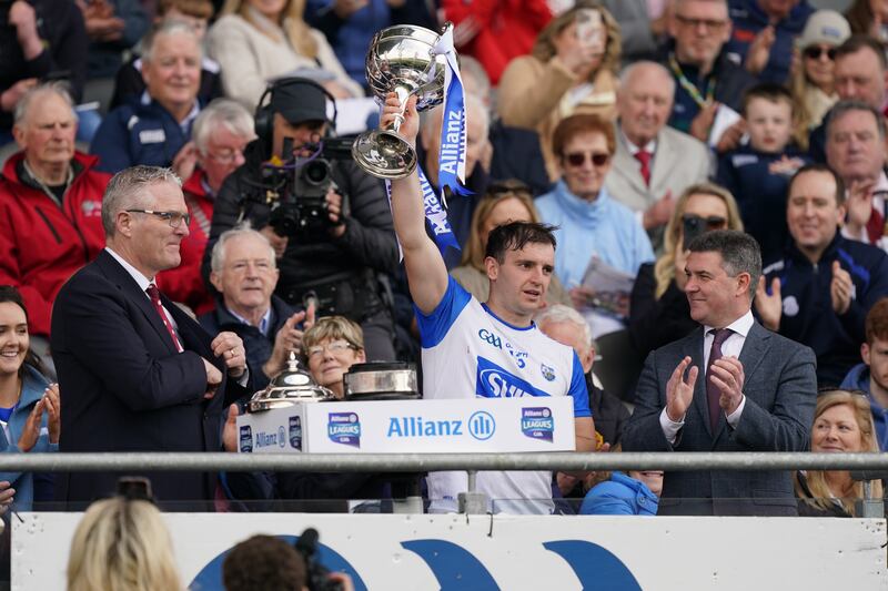Dessie Hutchinson of Waterford lifts the trophy after the win over Offaly in the Allianz Hurling League Division 1B Final. Photograph: James Lawlor/Inpho