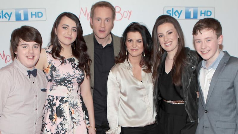 Actors Ian O’Reilly, Sarah White, Peter McDonald ,Deirdre O’Kane, Claire Monnelly and David Rawle at the world premiere of Moone Boy series 3 at the Royal Hospital Kilmainham in Dublin.