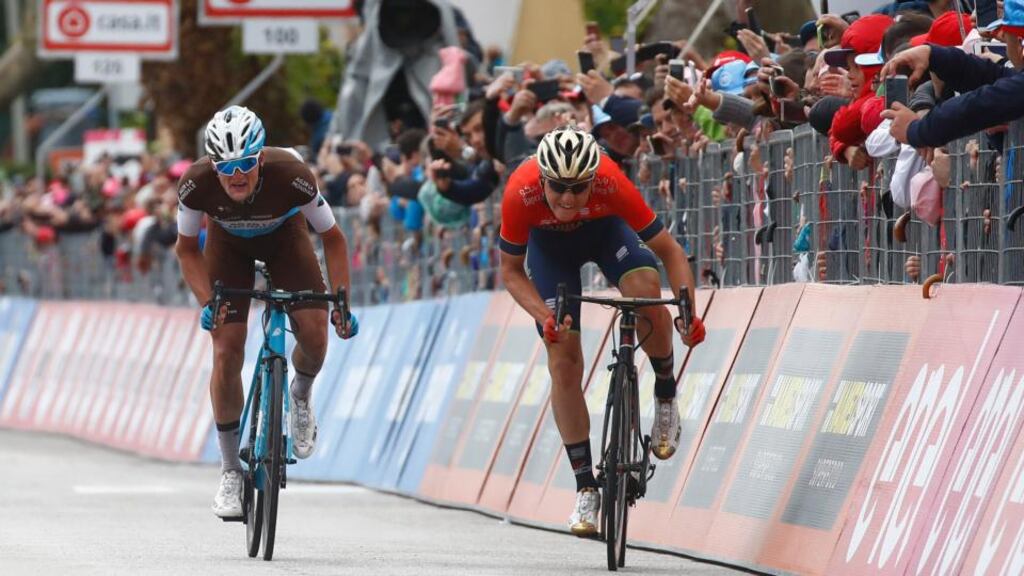 Slovakia’s Matej Mohoric sprints to win the 10th stage of the Giro D’Italia. Photograph: Luk Benies/AFP