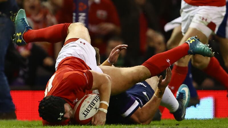 Leigh Halfpenny scores his first try. Photograph: Getty Images