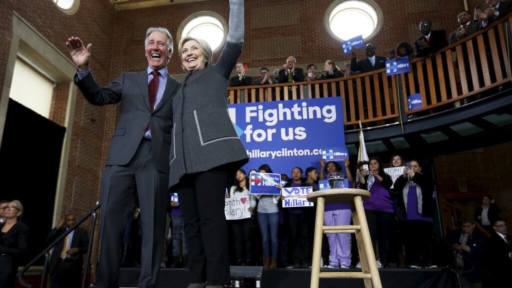 U.S. Democratic presidential candidate Hillary Clinton and US Representative Richard Neal  rally with supporters at Wood Museum of Springfield History in Springfield, Massachusetts. Photograph: Jonathan Ernst/Reuters
