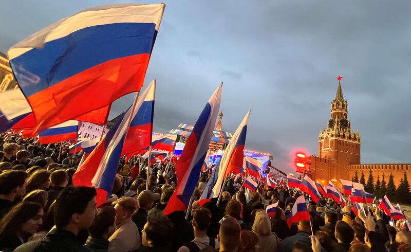 People attend a rally and a concert in Red Square, Moscow, on September 30th to celebrate Russia's annexation of four regions of eastern Ukraine. Photograph: AFP via Getty Images