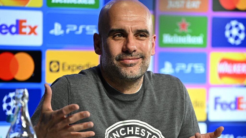 City manager Pep Guardiola during a press conference at the team’s training ground on the eve of their Champions League semi-final second-leg match against Real Madrid. Photograph: Oli Scarff/AFP