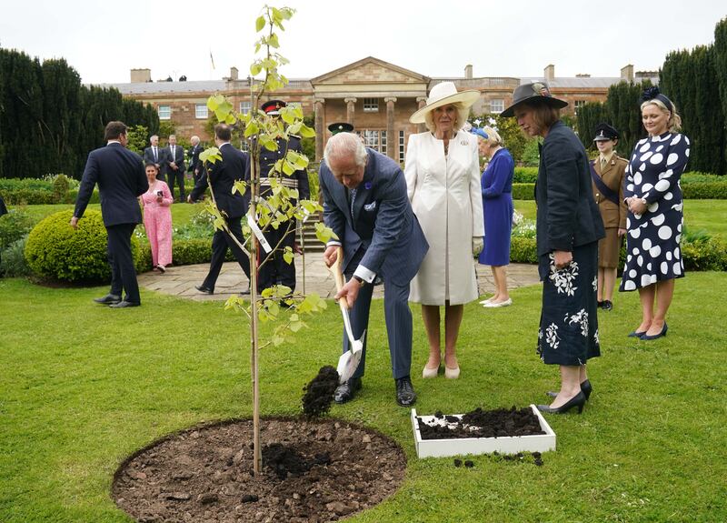 King Charles and Queen Camilla plant a tree to mark the coronation at Hillsborough Castle, Co Down. Photograph: Brian Lawless/PA Wire