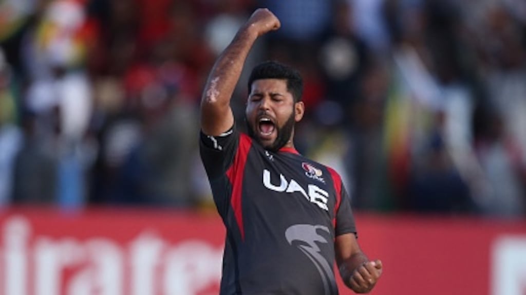 United Arab Emirates bowler Muhammad Naveed celebrates the wicket of Graeme Cremer of Zimbabwe during the ICC Cricket World Cup Qualifier at The Harare Sports Club. Photograph: Julian Herbert-IDI/IDI via Getty Images