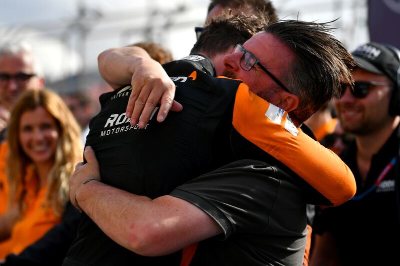 Alex Dunne celebrates with his dad Noel after winning the Formula Two championship race in Bahrain in April. Photograph: James Sutton/Getty
