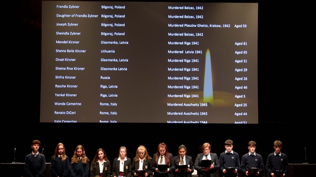 Students read out the names of Holocaust victims on National Holocaust Memorial Day, at Mansion House, Dublin, in 2018. Photograph: Tom Honan