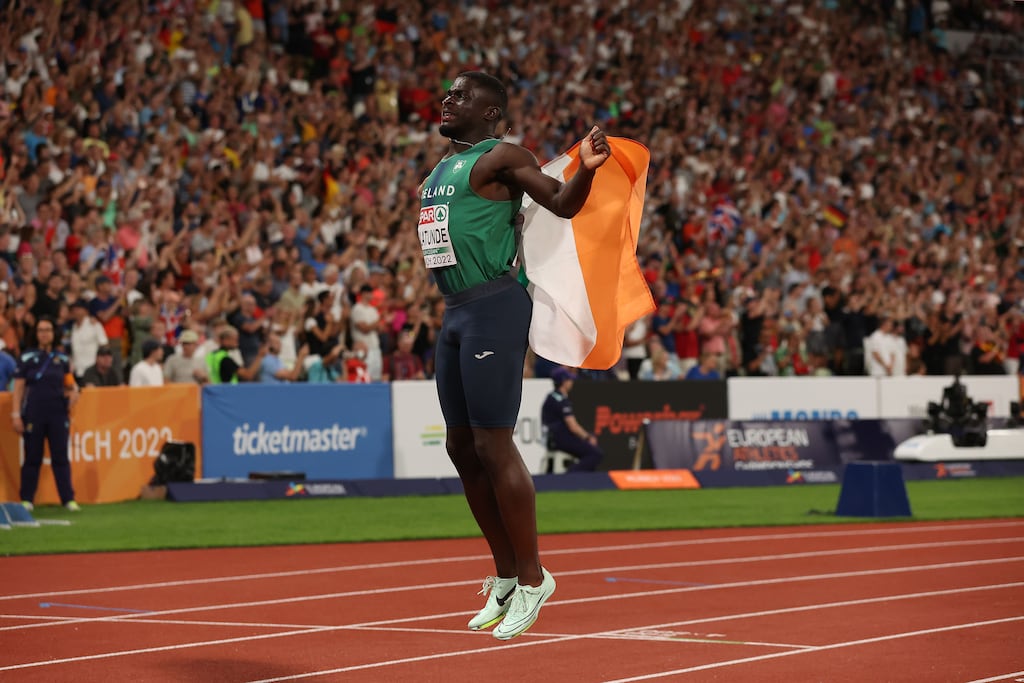 Ireland's Israel Olatunde celebrates breaking the Irish 100m record in Munich last night. Photograph: Alexander Hassenstein/Getty Images