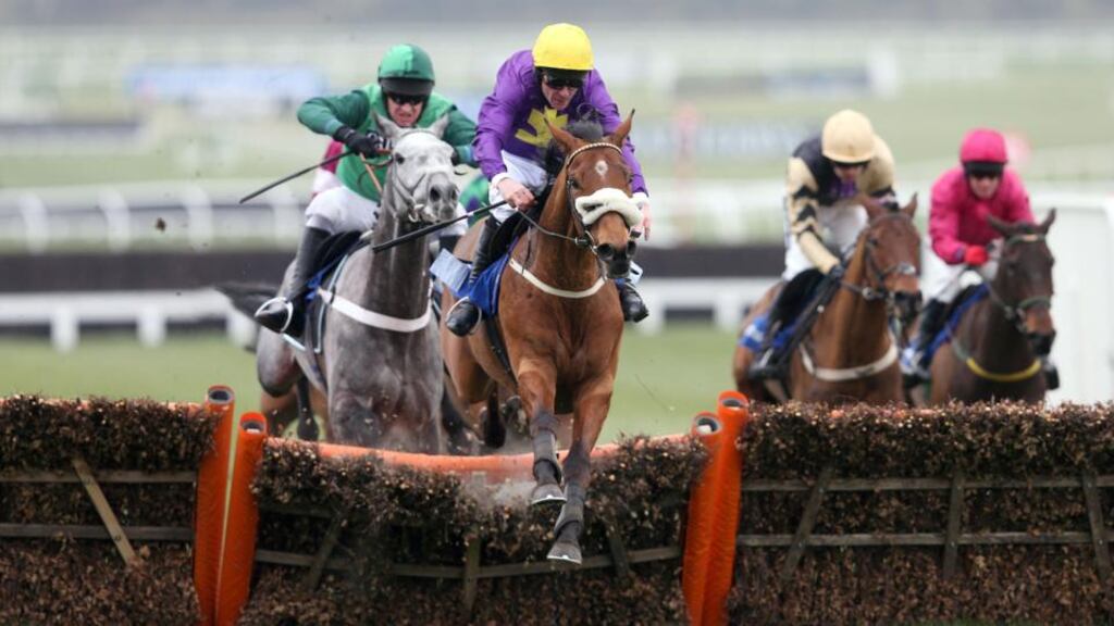 Windsor Park ridden by Davy Russell on their way to victory in the Neptune Investment Management Novices’ Hurdle. Photograph: David Davies/PA Wire.