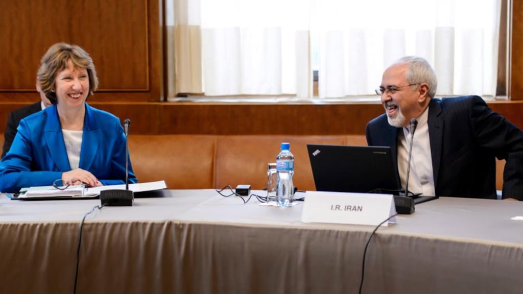 European Union foreign policy chief Catherine Ashton (left) laughs with Iranian foreign minister Mohammad Javad Zarif at the start of two days of closed-door nuclear talks at the United Nations offices in Geneva today. Photograph: Fabrice Coffrini/Pool/Reuters