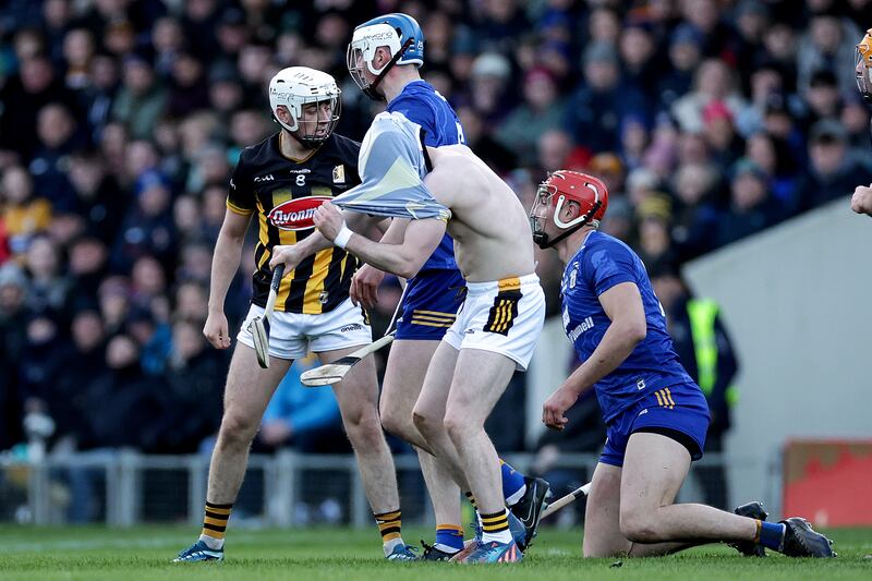 Kilkenny's Jordan Molloy is disrobed during the game. Photograph: Laszlo Geczo/Inpho