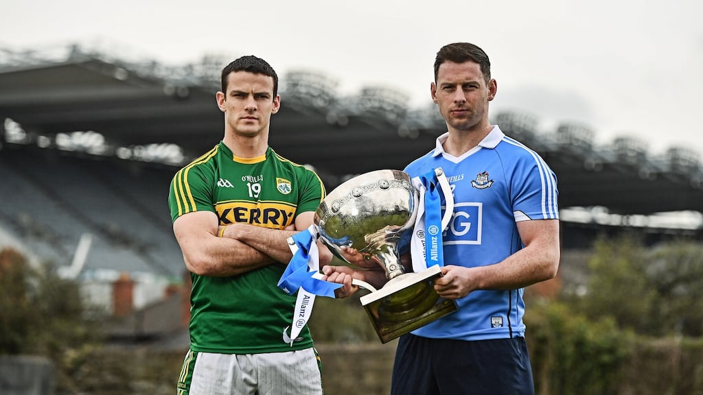 Kerry’s Shane Enright and Dublin’s Philly McMahon at the Allianz League Final media day. Photograph: Ramsey Cardy/Sportsfile