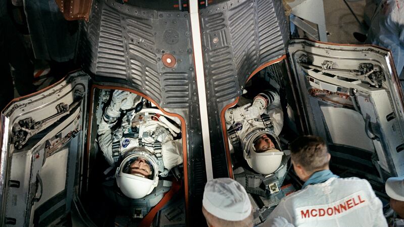 Gemini astronauts Gordon Cooper and Pete Conrad in the GT-V spacecraft at Cape Canaveral on August 21st, 1965.