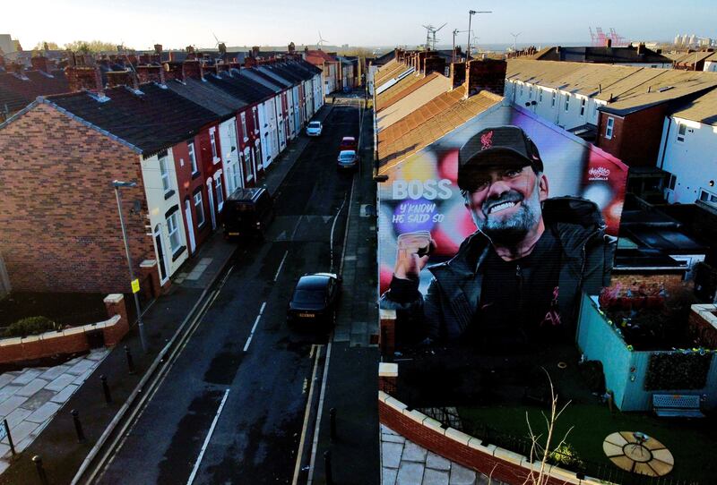 A mural paying tribute to Liverpool manager Jürgen Klopp near Anfield Stadium. Photograph: Peter Byrne/PA Wire