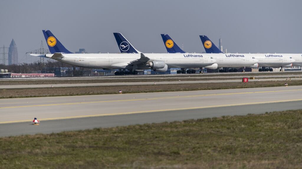 Grounded Lufthansa planes parked and pulled from service in Frankfurt, Germany. Photograph: Getty