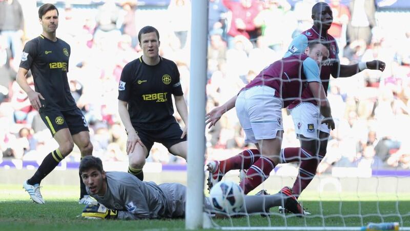 Matt Jarvis of West Ham scores against Wigan Athletic at the Boleyn Ground. Photograph: Ian Walton/Getty Images