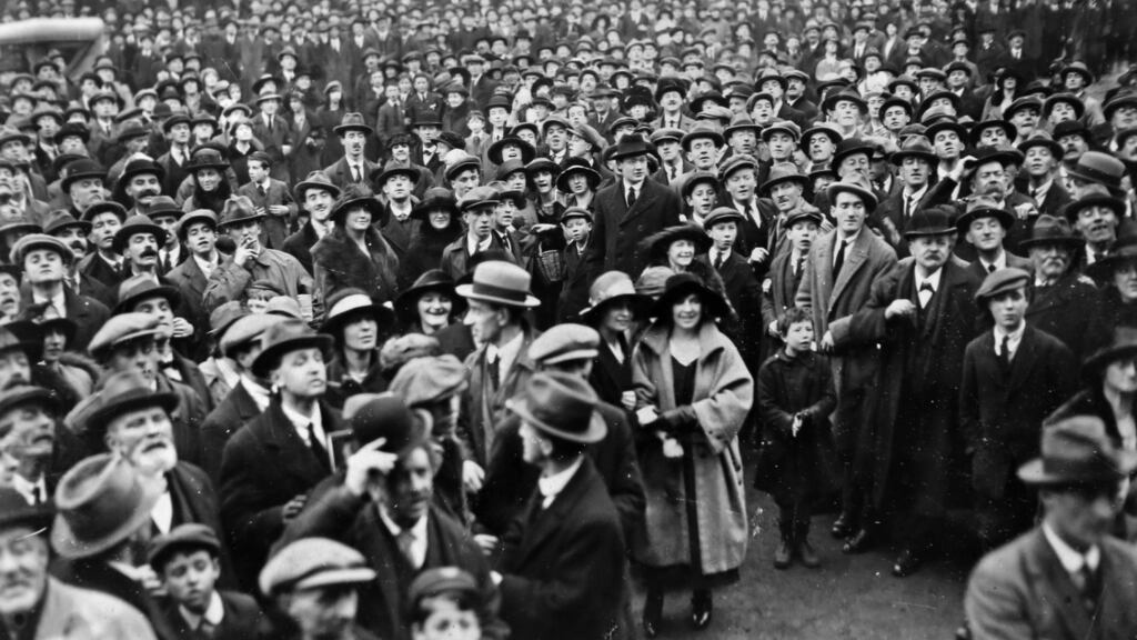 Crowds waiting for the outcome of the Treaty ratification meeting, Earlsfort Terrace, circa 1922. Photograph: Independent News And Media/Getty
