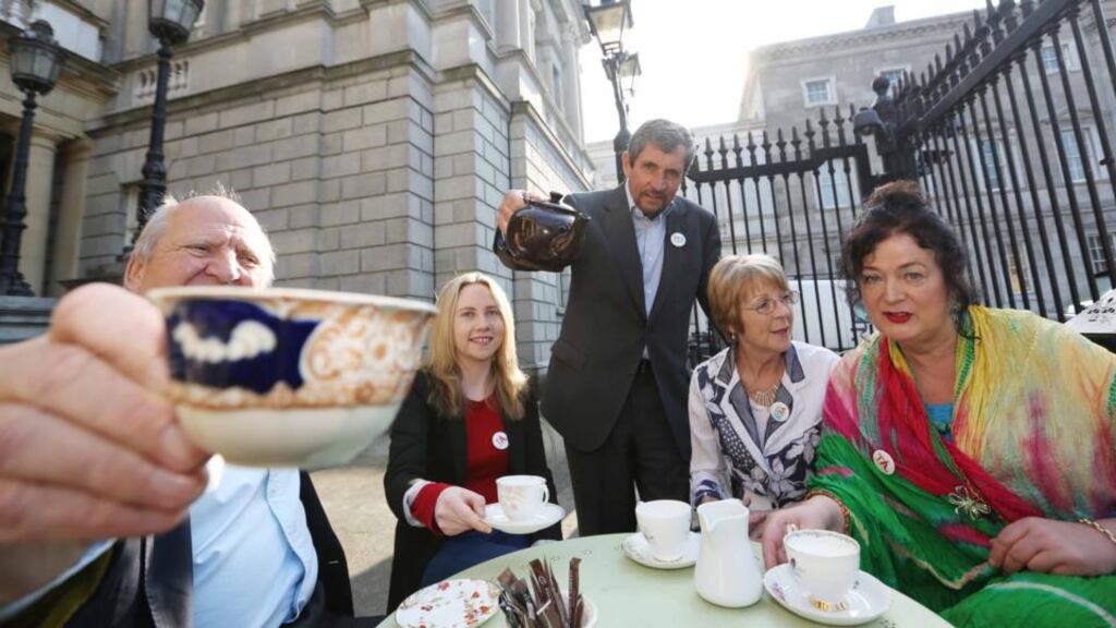 Jonathan Irwin, Laura Harmon, Charlie Bird, Biddy White Lennon and Anne Rigney outside the National Library in Dublin. Photograph: Sam Boal/Photocall Ireland