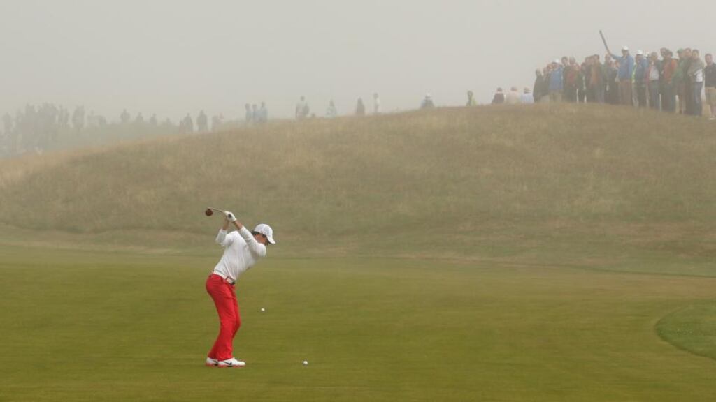 Rory McIlroy plays his second shot on the second hole during the third round of the Scottish Open at Royal Aberdeen. Photograph: Andrew Redington/Getty Images