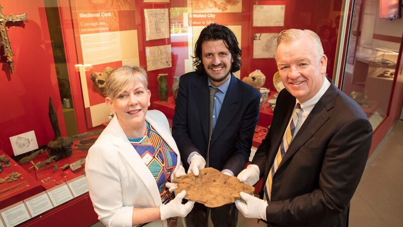 Cork City Council chief executive Ann Doherty, Cork Public Museum acting curator Daniel Breen, and BAM chief executive Theo Cullinane at the launch of the ‘Below our Feet’ Viking exhibition at Cork Public Museum. Photograph: Michael O’Sullivan/OSM Photo