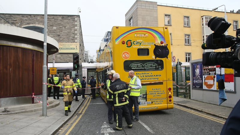 A tour bus crashed into a Luas at Smithfiled in Dublin on Friday. Photograph: Collins.
