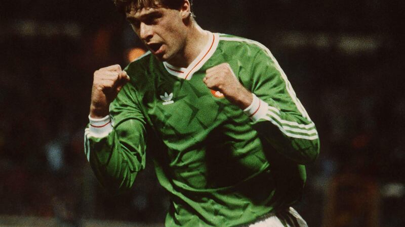 Republic of Ireland’s Niall Quinn celebrates his equaliser for Ireland at Wembley in March 1991. Photograph: Billy Stickland/Inpho