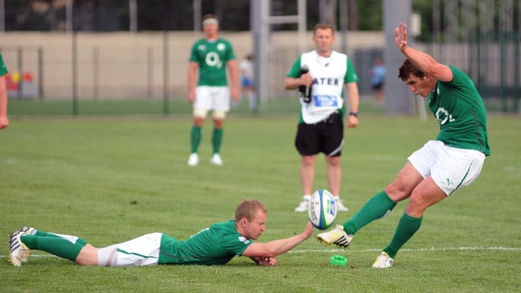 Ian Keatley (right) and Ireland fell short against South Africa. Photograph: Tamuna Kulumbegashvili/Inpho