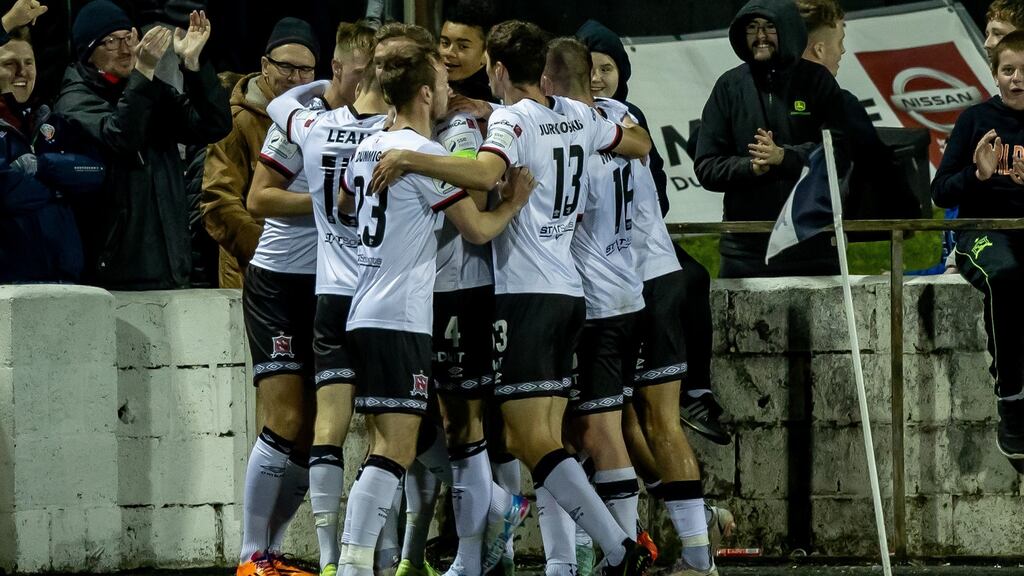 Dundalk players congratulate goalscorer Patrick Hoban during their Airtricity League win over Bohemians. Photo: Morgan Treacy/Inpho