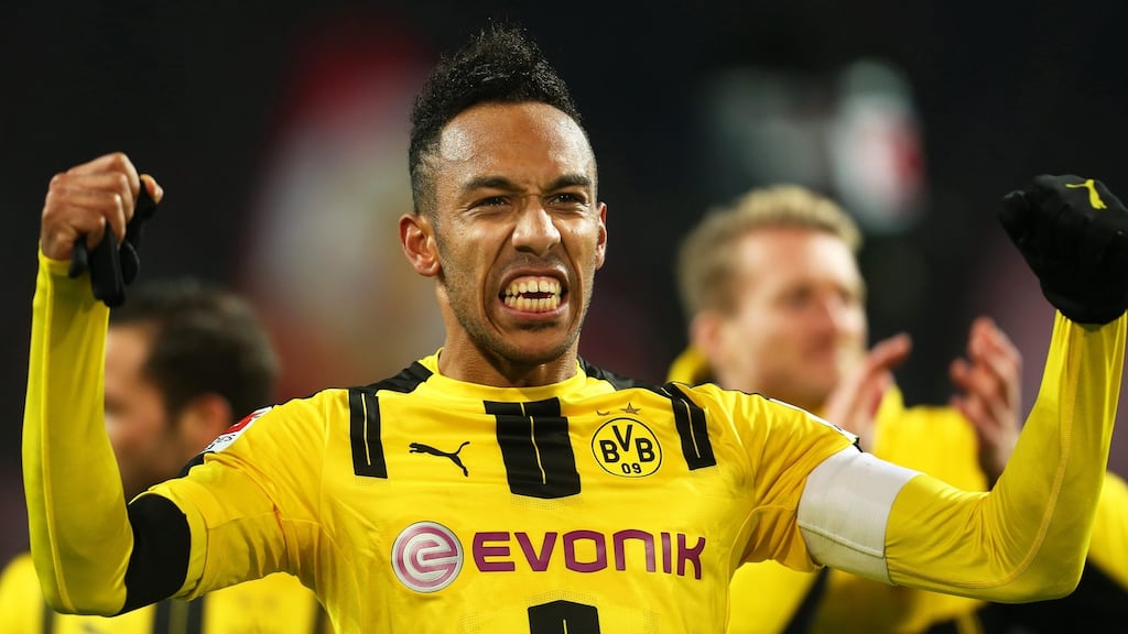 Dortmund’s goalscorer Pierre-Emerick Aubameyang celebrates after the victory over Bayern Munich. Photograph: EPA