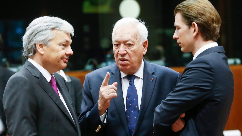 (From left) Belgian foreign minister Didier Reynders, Spanish foreign minister, Jose Manuel Garcia-Margallo and Austrian foreign minister Sebastian Kurz at the start of the European Foreign Affairs Council, in Brussels, Belgium on Monday. Photograph: EPA