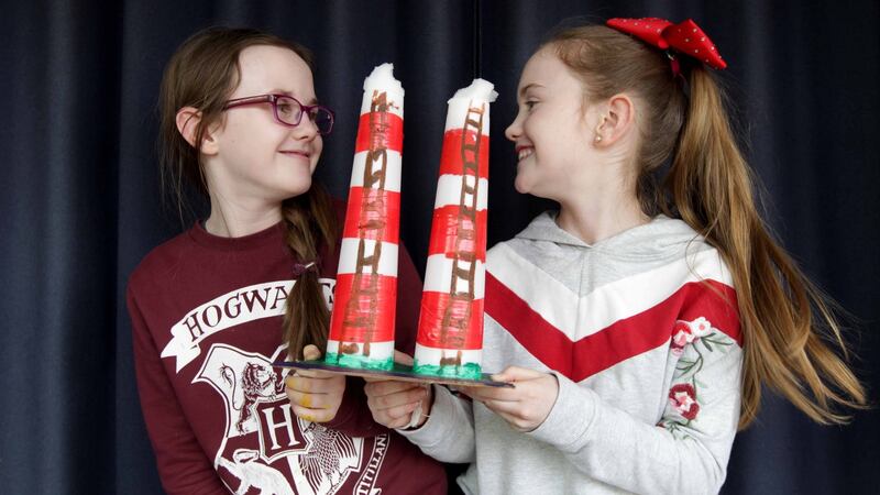 Sisters Grace (11) and Fraoch McSweeney (10) from Cabra, Dublin with part of the model they made during a workshop on designing a Dublin for young people. Photograph: Mark Stedman.