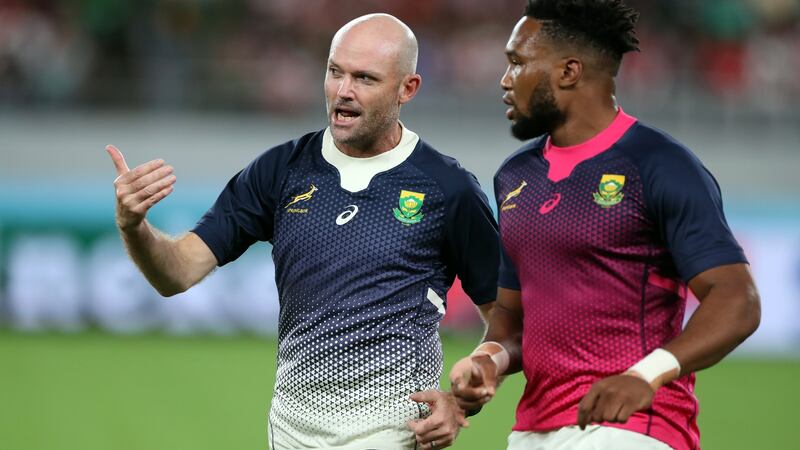 South Africa defence coach Jacques Nienaber with Lukhanyo Am during the Rugby World Cup quarter-final match between Japan and South Africa at Tokyo Stadium last Sunday. Photograph: Steve Haag/Gallo Images/Getty Images