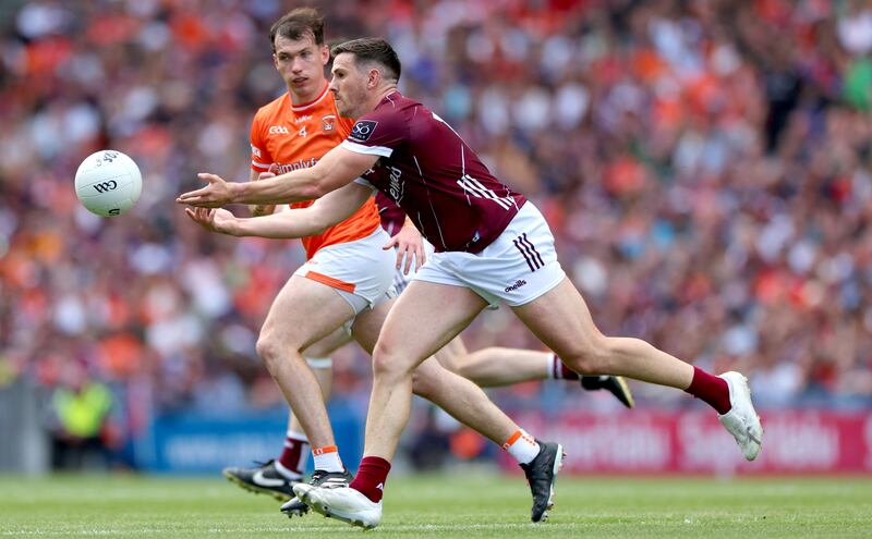Armagh’s Barry McCambridge closes down Shane Walsh of Galway. Photograph: James Crombie/Inpho