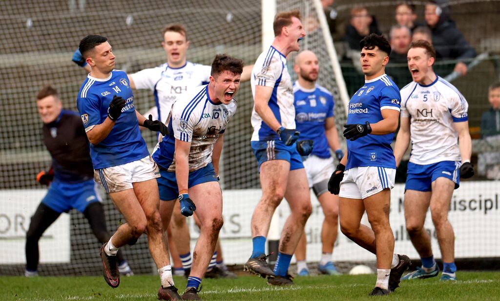 Naas’ Alex Beirne celebrates at the final whistle in the AIB Leinster SFC semi-final against St Loman's at TEG Cusack Park in Mullingar. Photograph: James Crombie/Inpho