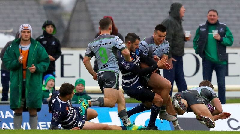 Kyle Godwin scores his second try in Connacht’s win over Bordeaux in Galway. Photograph: Tommy Dickson/Inpho